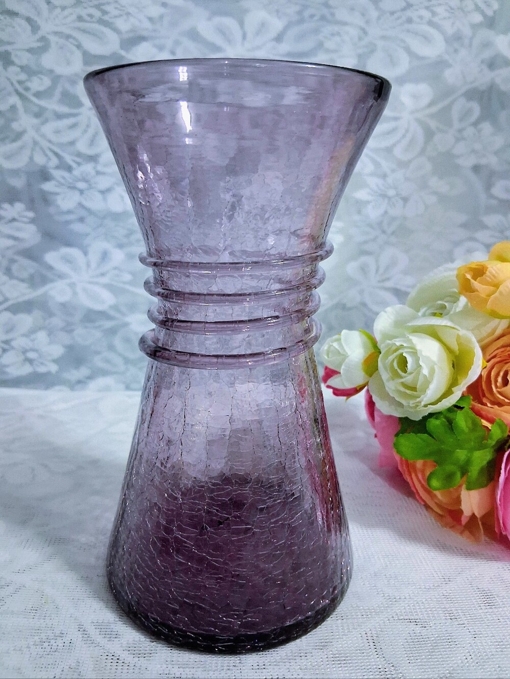 Vintage Pilgrim Amethyst Crackle Glass Rigoree Vase - 7"